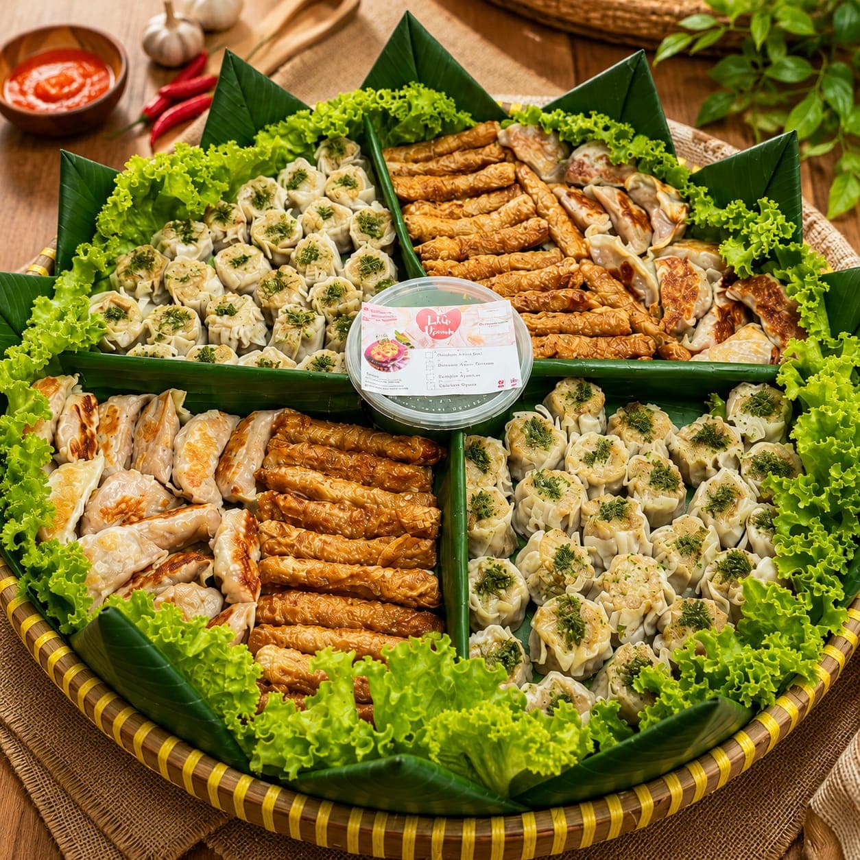 Aneka dimsum LalaGi tersusun di atas tampah untuk acara bersama